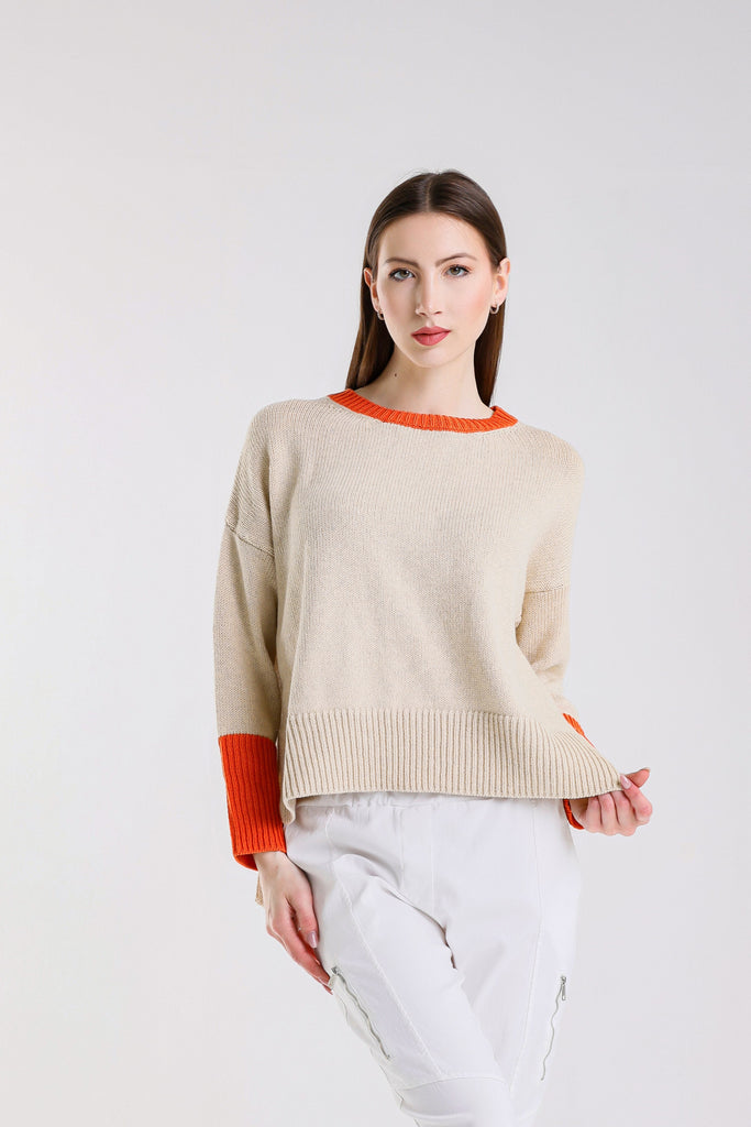 BLS915 294 Beige/Papaya Lisbeth LS Contrast Neck/Slv Ctn Blend Hi/Low Sweater