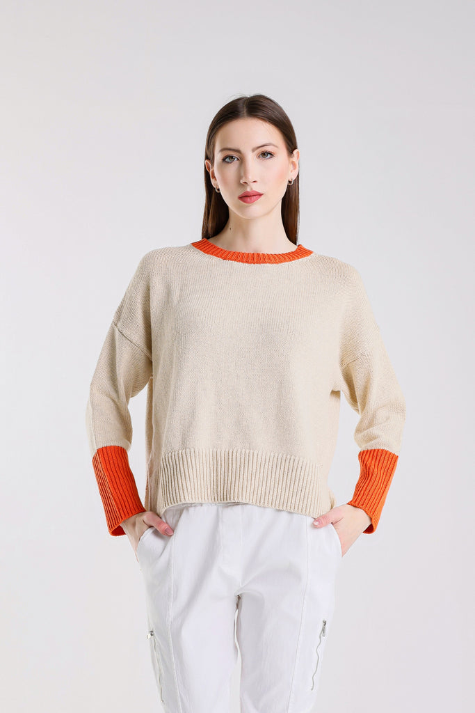 BLS915 294 Beige/Papaya Lisbeth LS Contrast Neck/Slv Ctn Blend Hi/Low Sweater