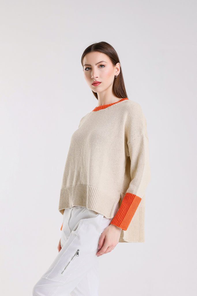 BLS915 294 Beige/Papaya Lisbeth LS Contrast Neck/Slv Ctn Blend Hi/Low Sweater