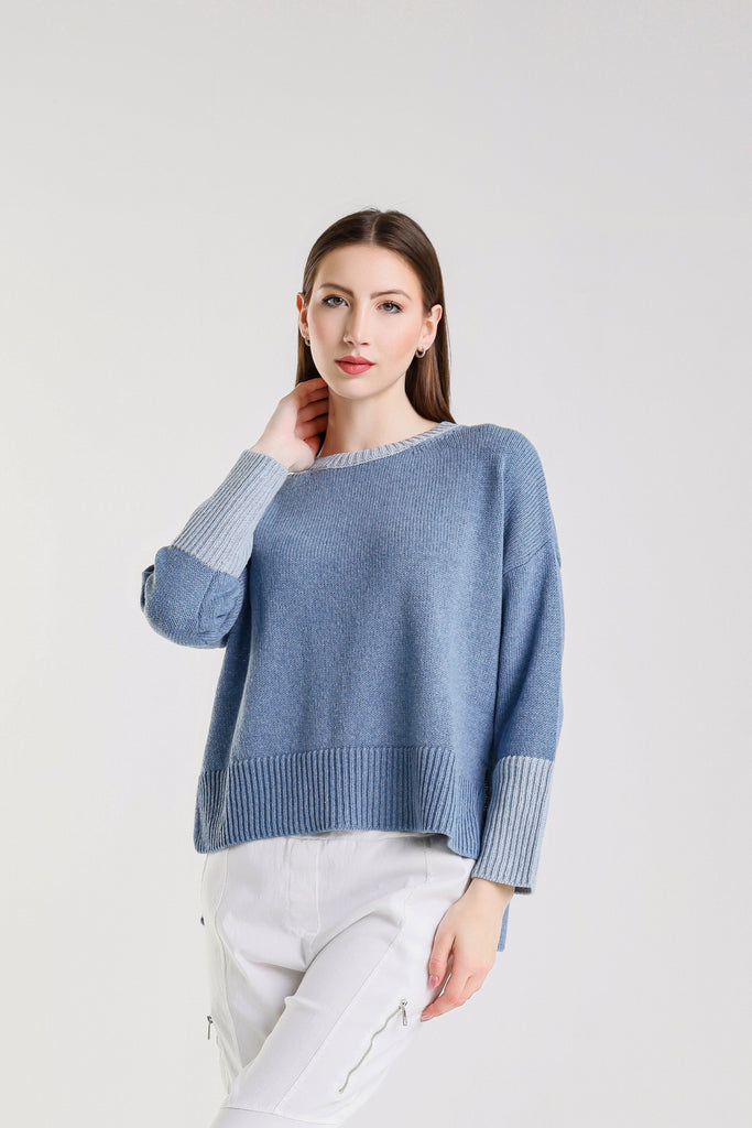 BLS915 967 Jeans/Light Jeans Lisbeth LS Contrast Neck/Slv Ctn Blend Hi/Low Sweater