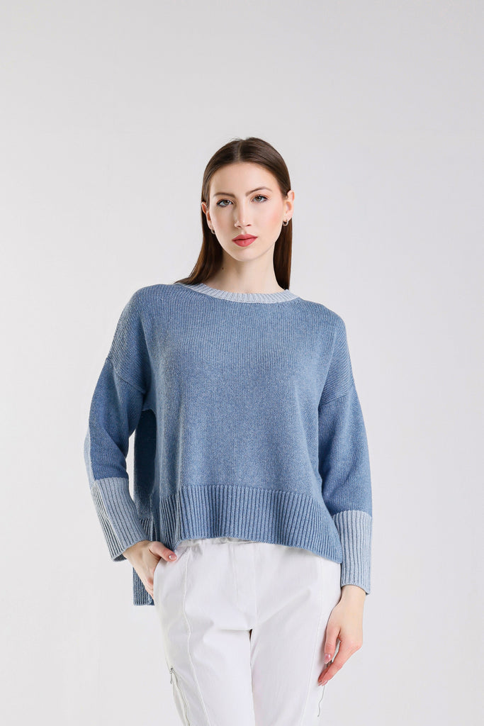 BLS915 967 Jeans/Light Jeans Lisbeth LS Contrast Neck/Slv Ctn Blend Hi/Low Sweater