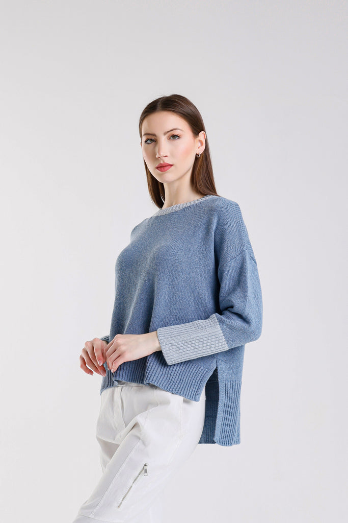 BLS915 967 Jeans/Light Jeans Lisbeth LS Contrast Neck/Slv Ctn Blend Hi/Low Sweater