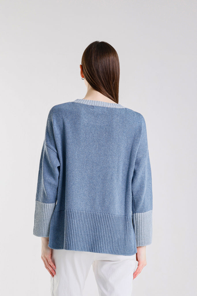 BLS915 967 Jeans/Light Jeans Lisbeth LS Contrast Neck/Slv Ctn Blend Hi/Low Sweater