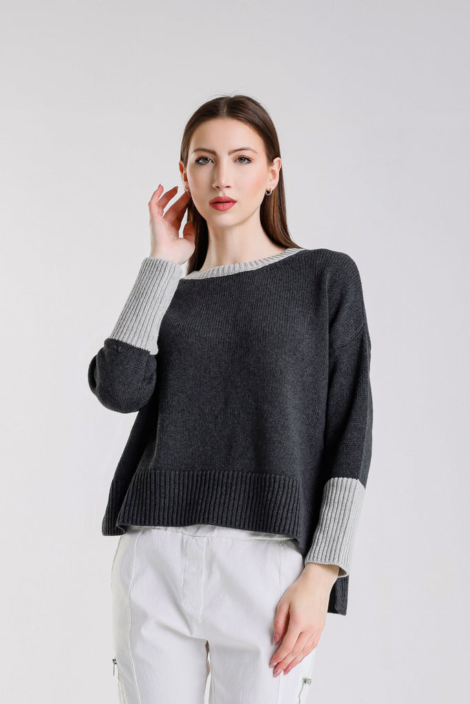 BLS915 975 Charcoal/Pearl Lisbeth LS Contrast Neck/Slv Ctn Blend Hi/Low Sweater