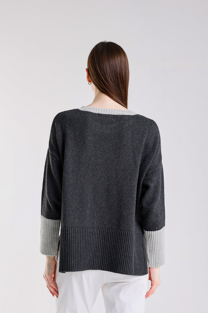 BLS915 975 Charcoal/Pearl Lisbeth LS Contrast Neck/Slv Ctn Blend Hi/Low Sweater