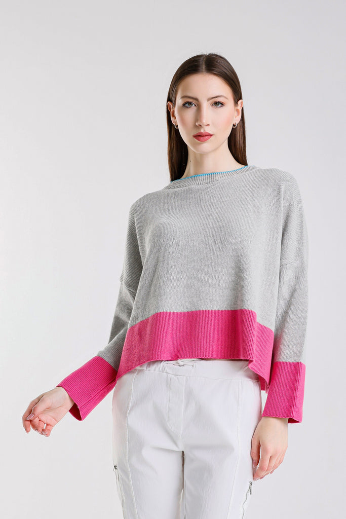 BLS918 157 Pearl/Fuchsia Clarice LS Contrast Hem Ctn Blend Sweater