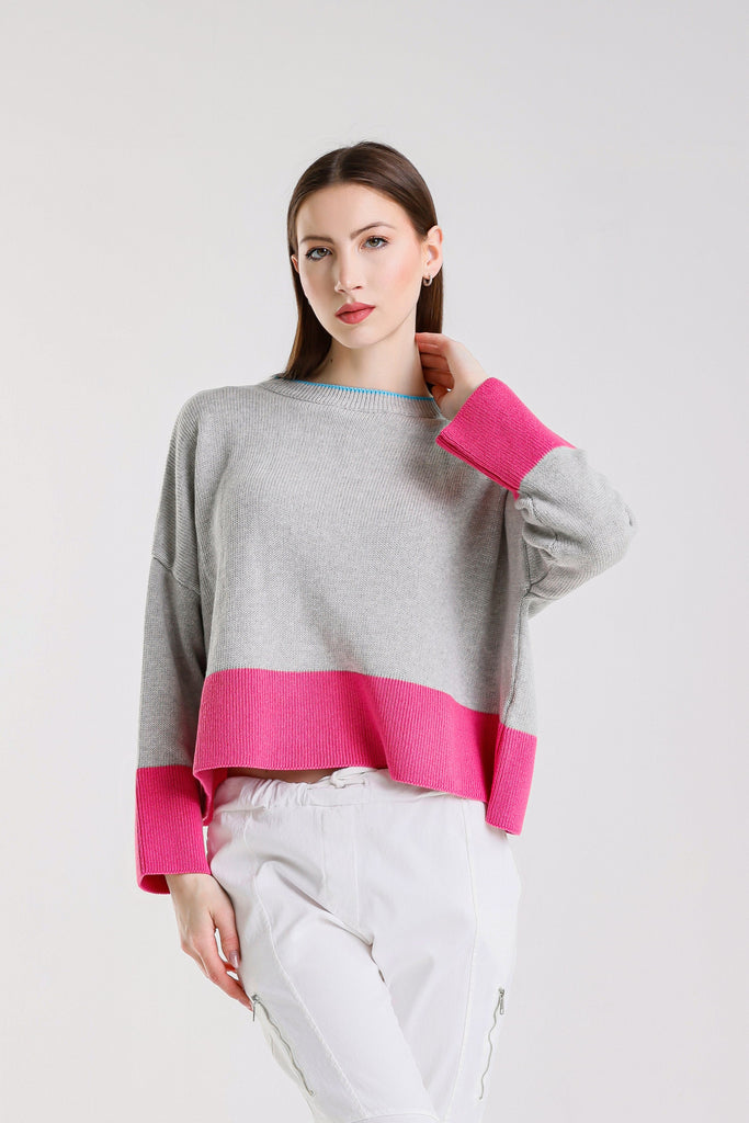 BLS918 157 Pearl/Fuchsia Clarice LS Contrast Hem Ctn Blend Sweater