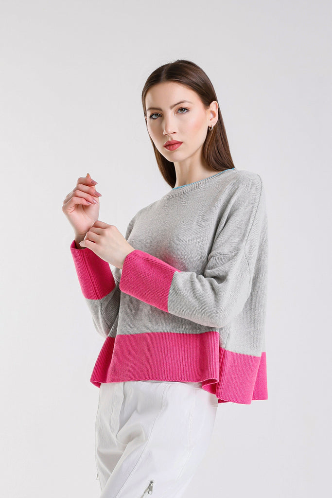 BLS918 157 Pearl/Fuchsia Clarice LS Contrast Hem Ctn Blend Sweater