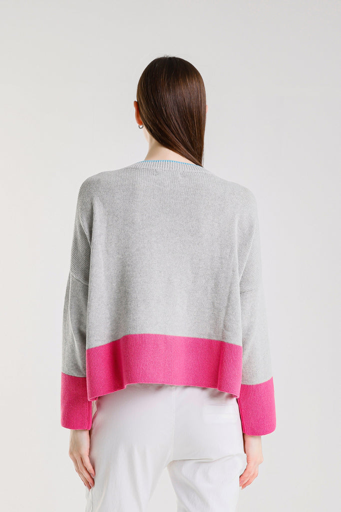 BLS918 157 Pearl/Fuchsia Clarice LS Contrast Hem Ctn Blend Sweater