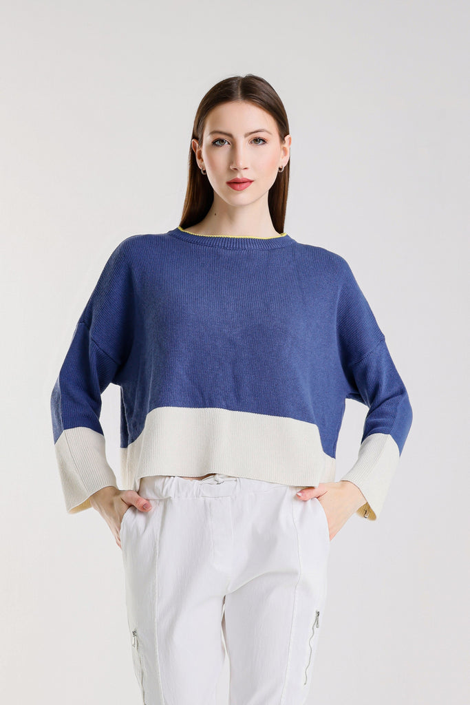 BLS918 968 Blue/Stone Clarice LS Contrast Hem Ctn Blend Sweater