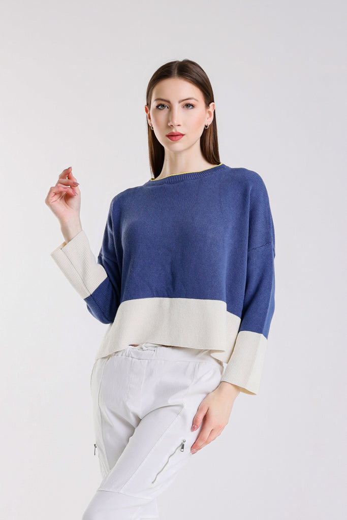BLS918 968 Blue/Stone Clarice LS Contrast Hem Ctn Blend Sweater