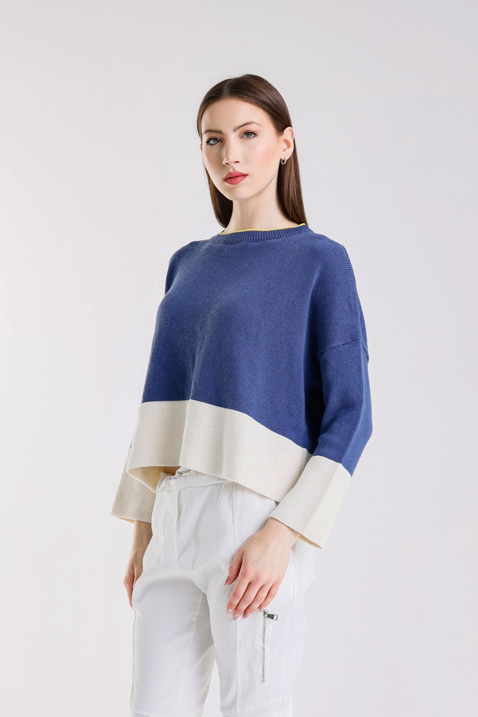 BLS918 968 Blue/Stone Clarice LS Contrast Hem Ctn Blend Sweater