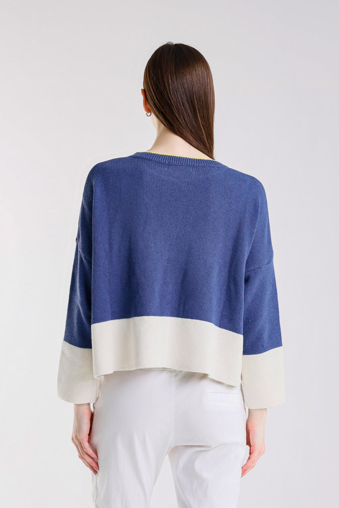 BLS918 968 Blue/Stone Clarice LS Contrast Hem Ctn Blend Sweater