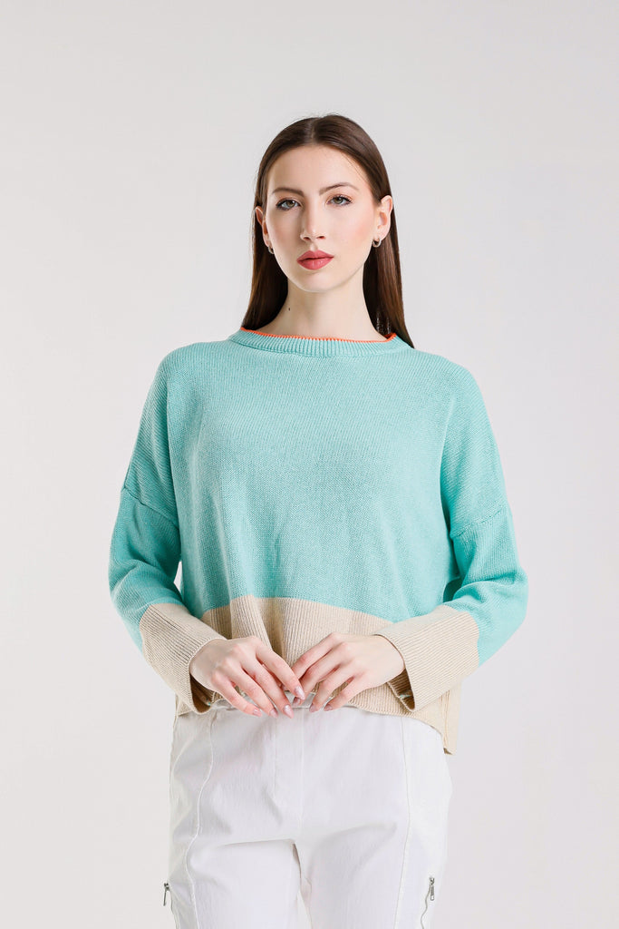 BLS918 969 Aqua/Beige Clarice LS Contrast Hem Ctn Blend Sweater
