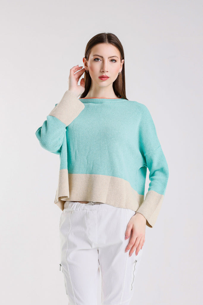 BLS918 969 Aqua/Beige Clarice LS Contrast Hem Ctn Blend Sweater