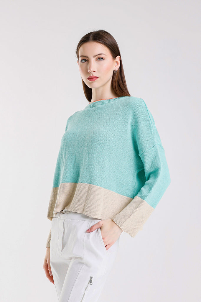 BLS918 969 Aqua/Beige Clarice LS Contrast Hem Ctn Blend Sweater