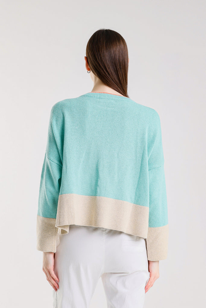 BLS918 969 Aqua/Beige Clarice LS Contrast Hem Ctn Blend Sweater