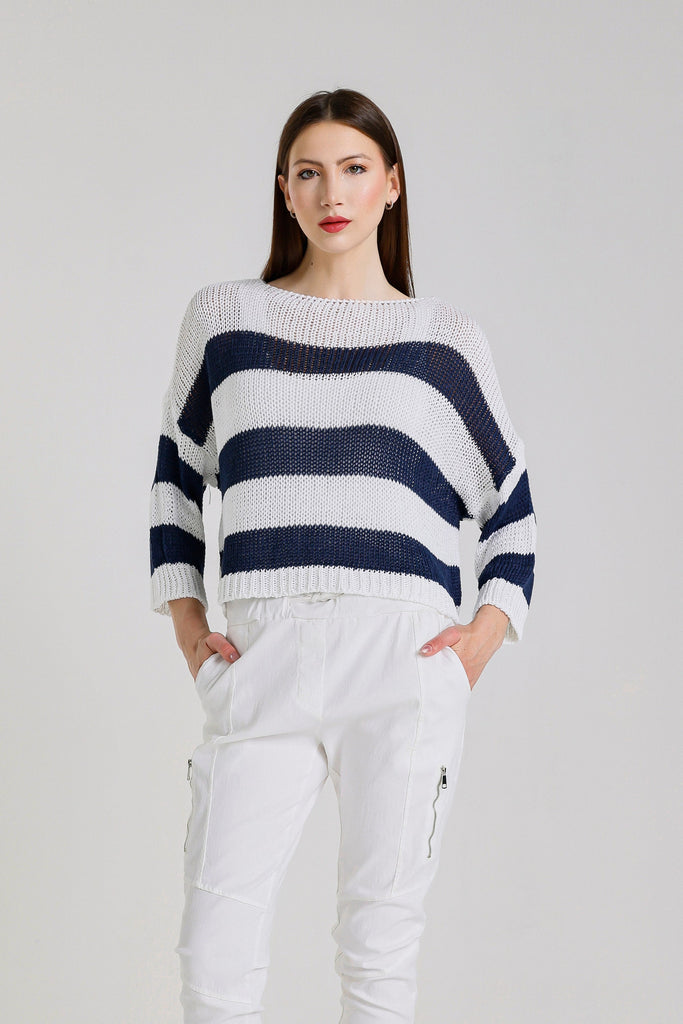 BLS919 100N White w/ Navy Stripe Danisha Long Slv Striped Sweater