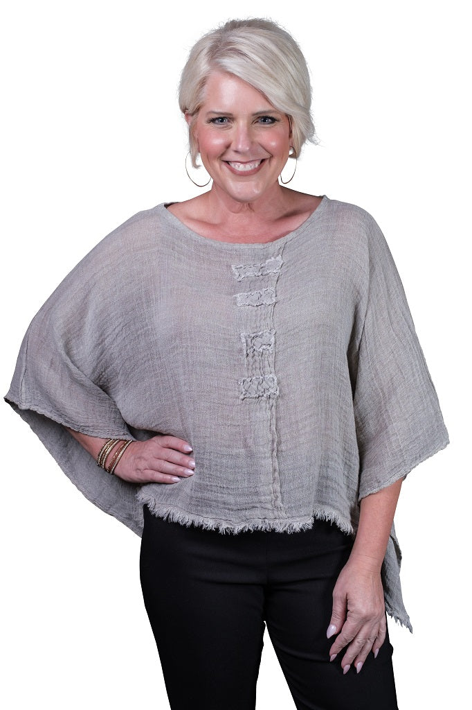 BQ135-241 Taupe Enzyme Aiyana Crinkle Linen Patch 3/4 Slv Top