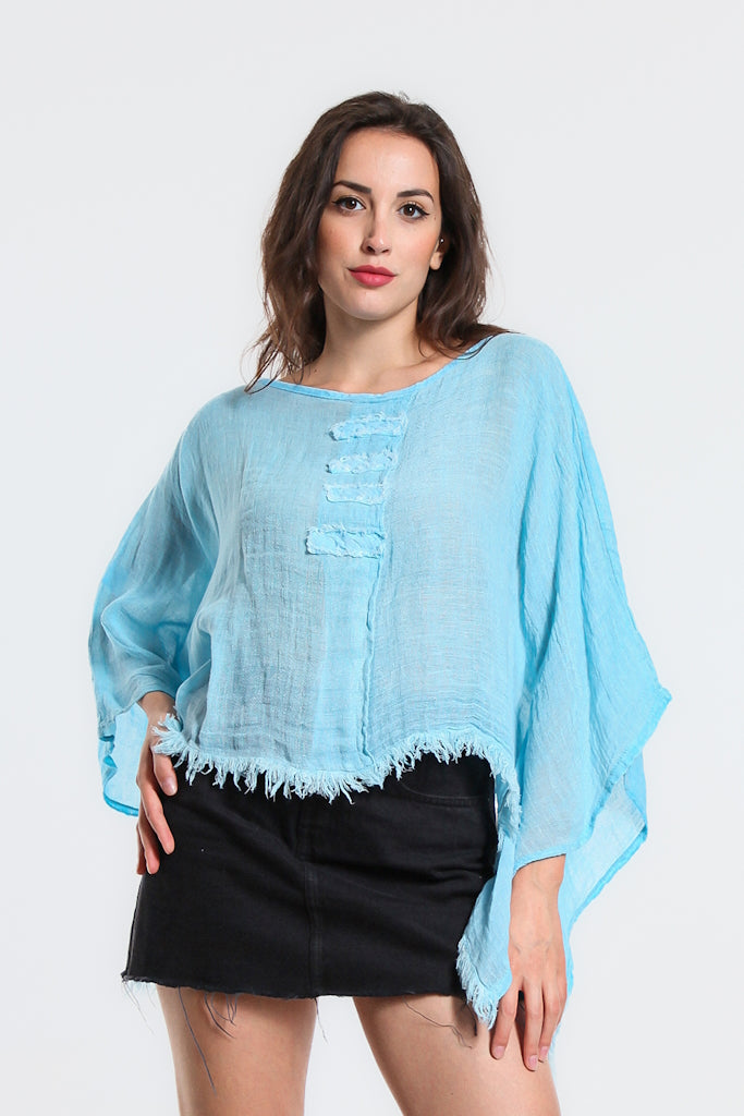 BQ135-447 Turq Enzyme Aiyana Crinkle Linen Patch 3/4 Sleeve Top