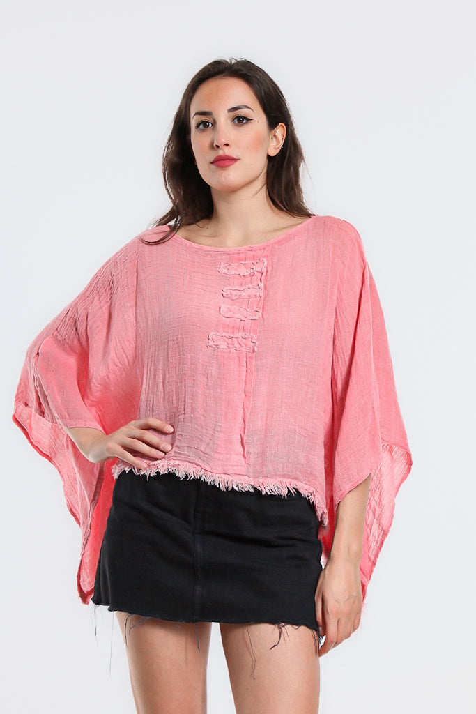 BQ135-815 Coral Enzyme Aiyana Crinkle Linen Patch 3/4 Sleeve Top