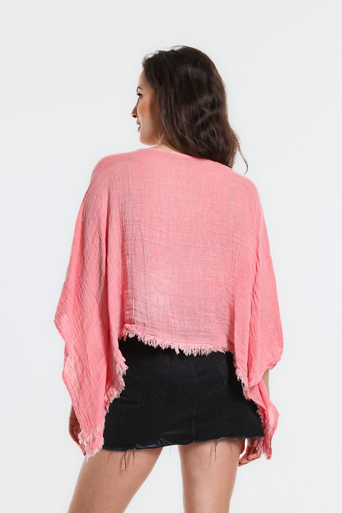 BQ135-815 Coral Enzyme Aiyana Crinkle Linen Patch 3/4 Slv TopBQ135-815 Coral Enzyme Aiyana Crinkle Linen Patch 3/4 Slv Top