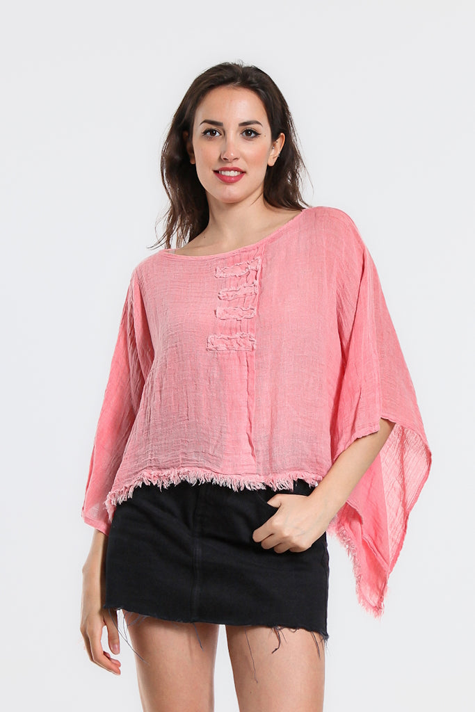BQ135-815 Coral Enzyme Aiyana Crinkle Linen Patch 3/4 Slv Top