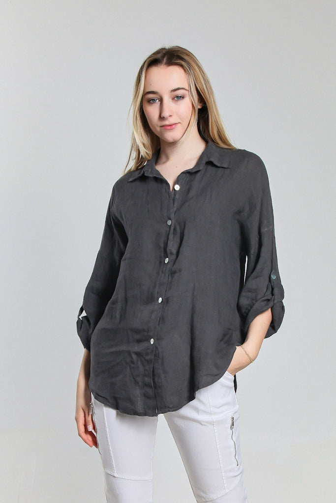 BQ141-010 Charcoal Amirah 3/4 Slv Collared Linen Button Frt Shirt