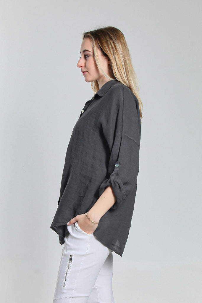 BQ141-010 Charcoal Amirah 3/4 Slv Collared Linen Button Frt Shirt