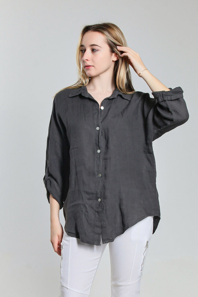 BQ141-010 Charcoal Amirah 3/4 Slv Collared Linen Button Frt Shirt