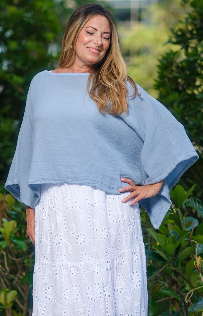 BQ147-430 Sky Blue Brittany 3/4 Sleeve Butterfly Top