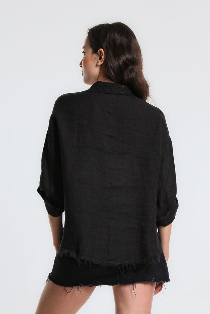 BQ174-001 Black Inez Linen Embroidered Shacket