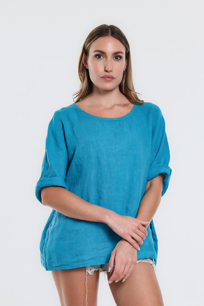 BQ176-440 Turq Imia 3/4 Sleeve Linen Tee