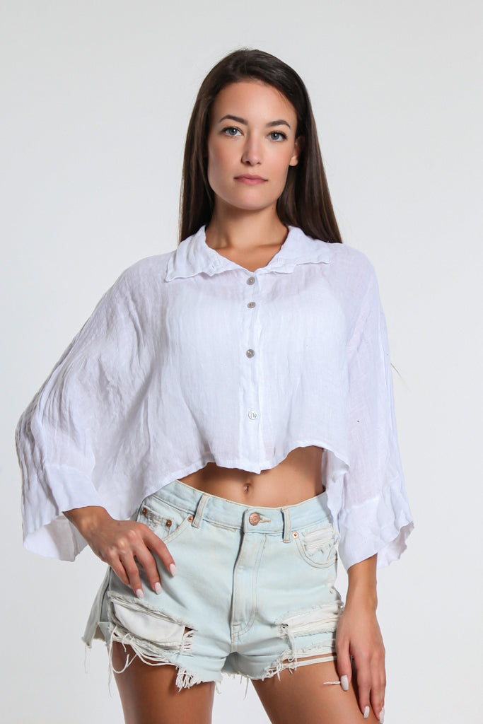 BQ177-100 White Deona Gauze Linen Crop Top