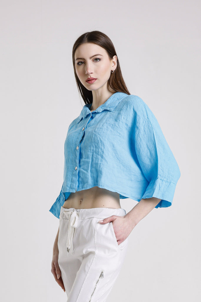 BQ177 440 Turq Deona Gauze Linen Crop Top