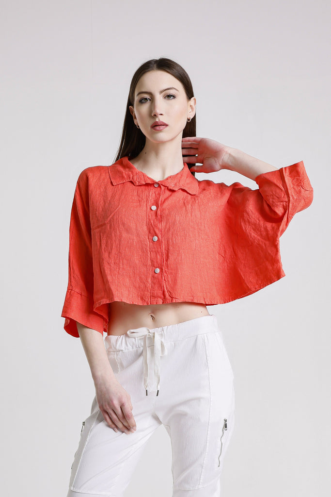 BQ177 810 Coral Deona Gauze Linen Crop Top