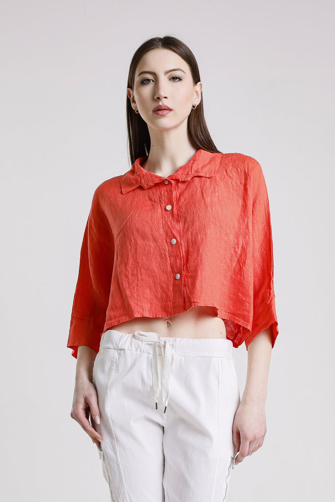BQ177 810 Coral Deona Gauze Linen Crop Top