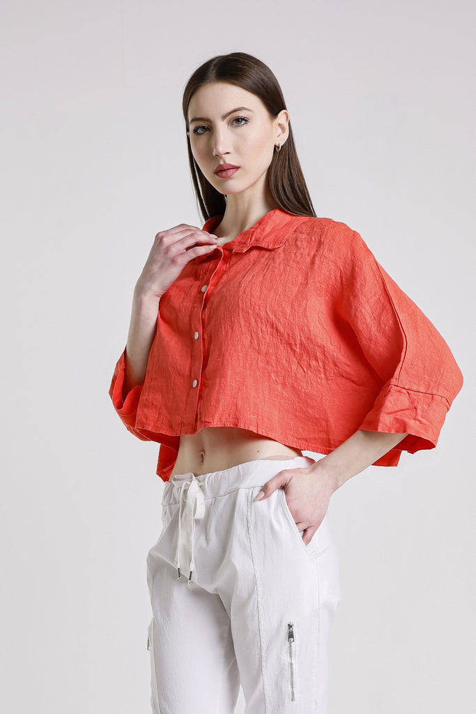 BQ177 810 Coral Deona Gauze Linen Crop Top