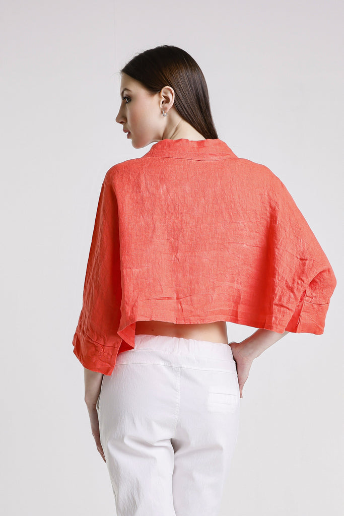 BQ177 810 Coral Deona Gauze Linen Crop Top
