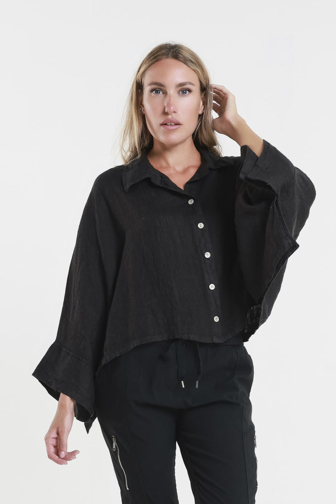 BQ180 001 Black Shayna 3/4 Slv Oversize Crop Batwing  Linen Top