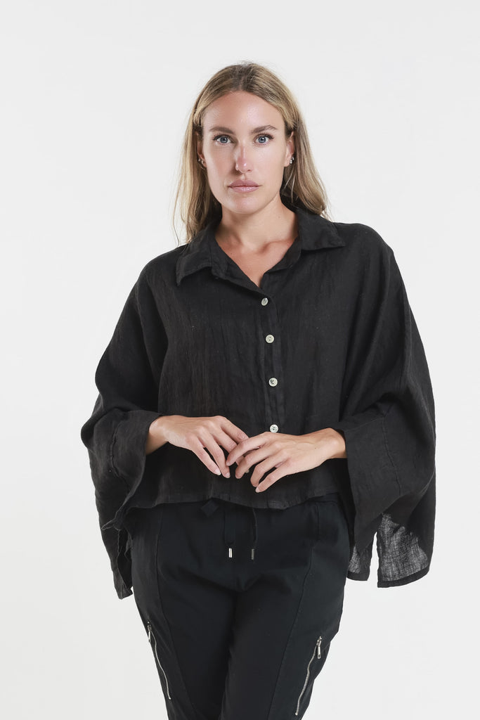 BQ180 001 Black Shayna 3/4 Slv Oversize Crop Batwing  Linen Top