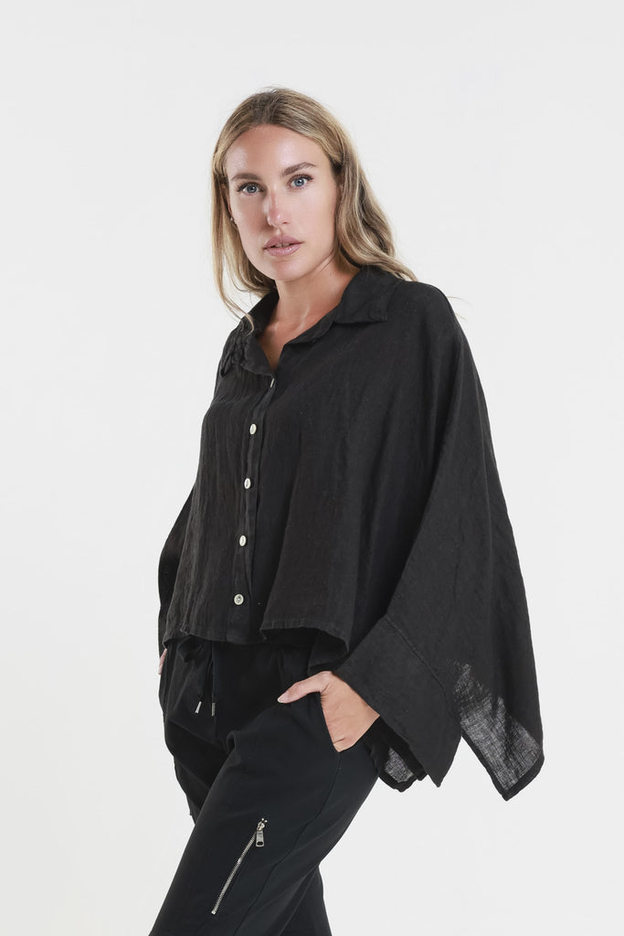 BQ180 001 Black Shayna 3/4 Slv Oversize Crop Batwing  Linen Top