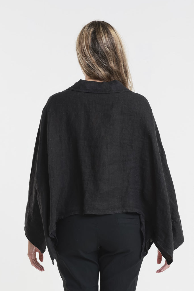 BQ180 001 Black Shayna 3/4 Slv Oversize Crop Batwing  Linen Top
