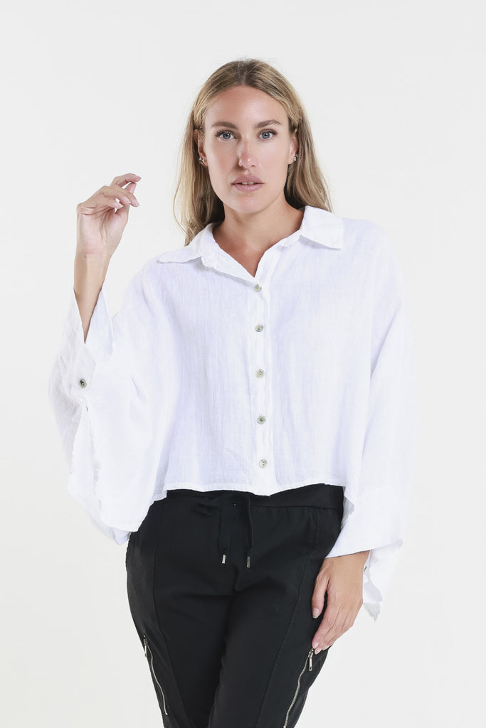 BQ180 100 White Shayna 3/4 Slv Oversize Crop Batwing  Linen Top