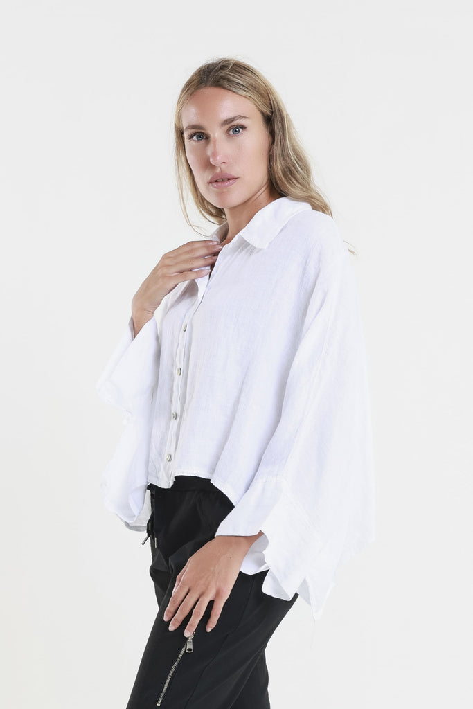 BQ180 100 White Shayna 3/4 Slv Oversize Crop Batwing  Linen Top