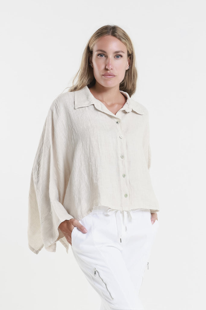 BQ180 250 Beige Shayna 3/4 Slv Oversize Crop Batwing  Linen Top