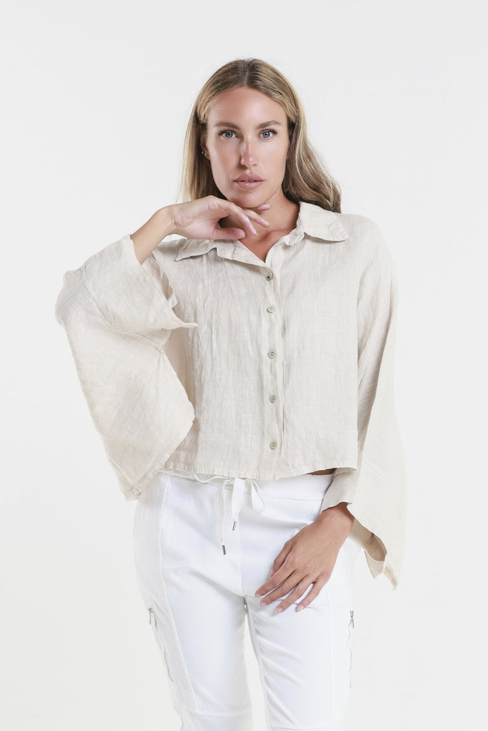 BQ180 250 Beige Shayna 3/4 Slv Oversize Crop Batwing  Linen Top