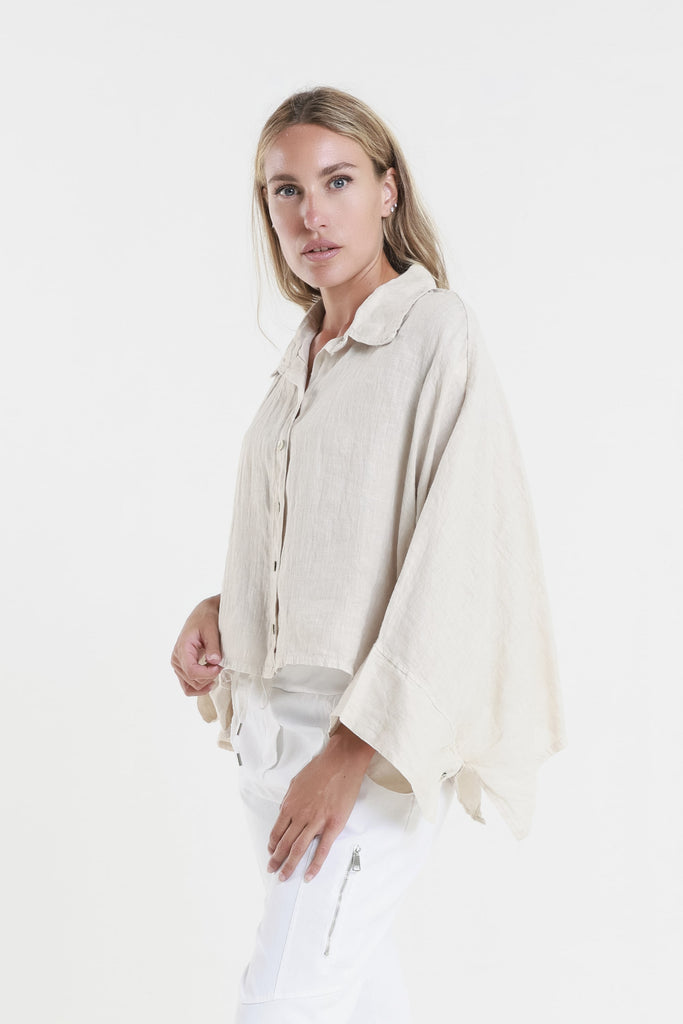 BQ180 250 Beige Shayna 3/4 Slv Oversize Crop Batwing  Linen Top