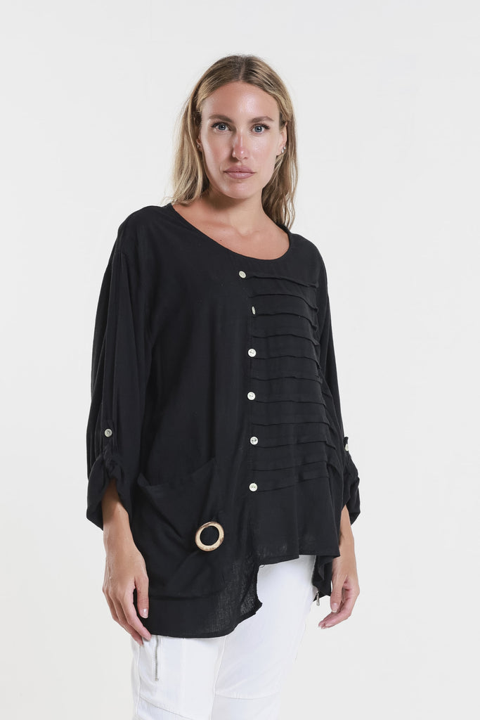 BQ181 001 Black Charlene 3/4 Slv Pleated One Side Top