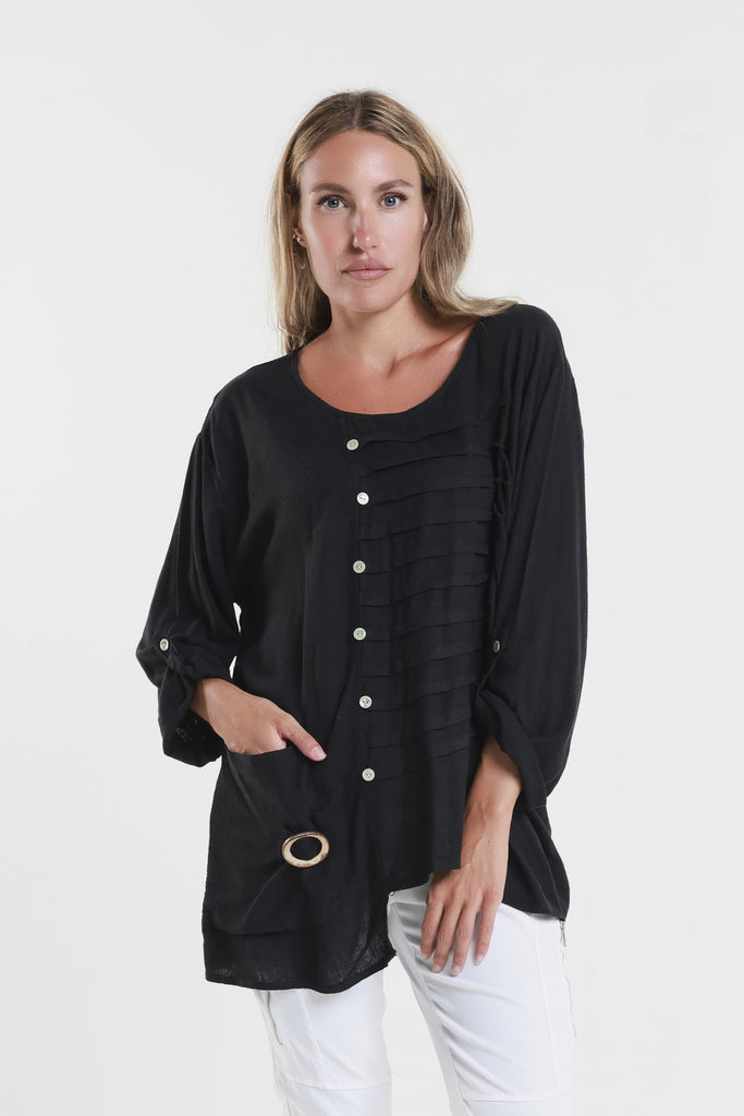 BQ181 001 Black Charlene 3/4 Slv Pleated One Side Top